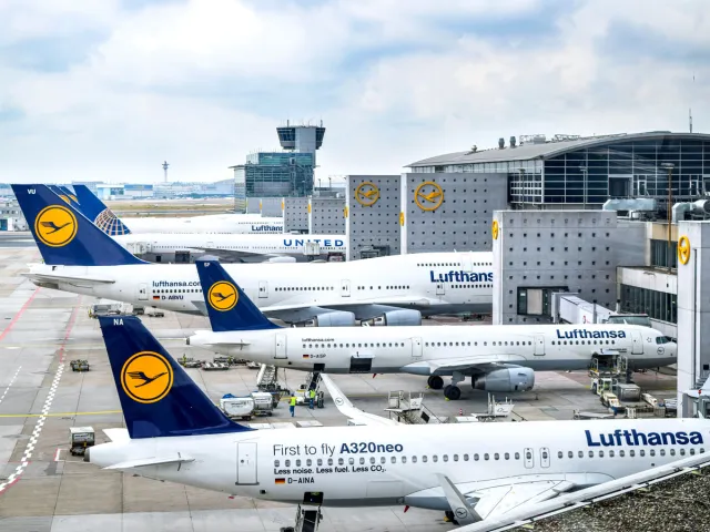 Avions Lufthansa et United stationnés à l'aéroport de Francfort