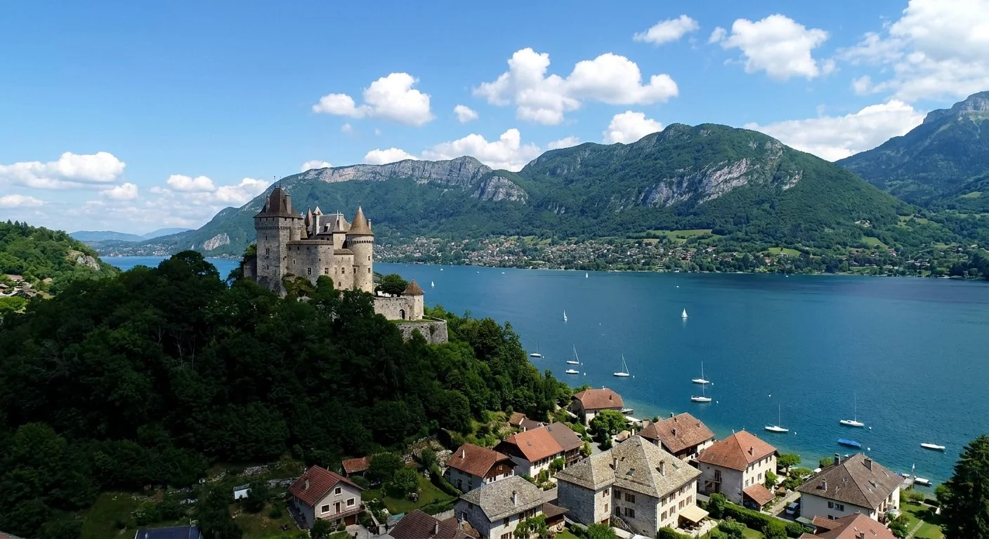 Vue aérienne du château de Menthon-Saint-Bernard surplombant le lac d'Annecy entouré de forêts alpines