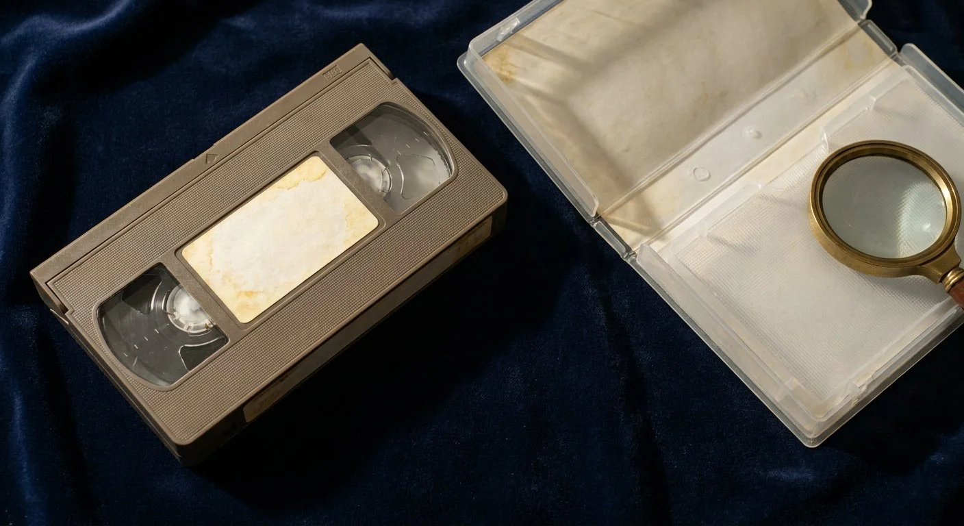Cassette VHS vintage posée sur un tissu sombre à côté d'une loupe, vue de dessus en gros plan